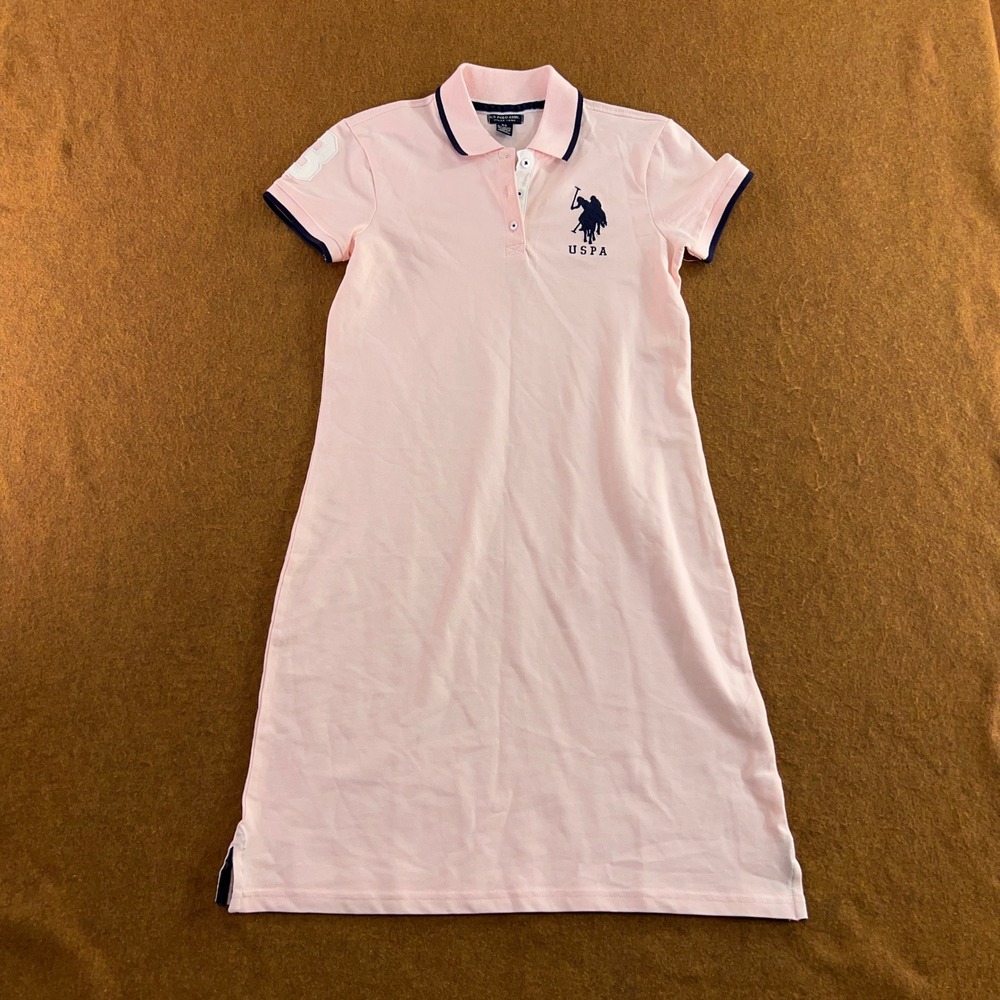 U.S. Polo Assn Womens XS Pink Navy Trim Logo Pique Polo Dress New